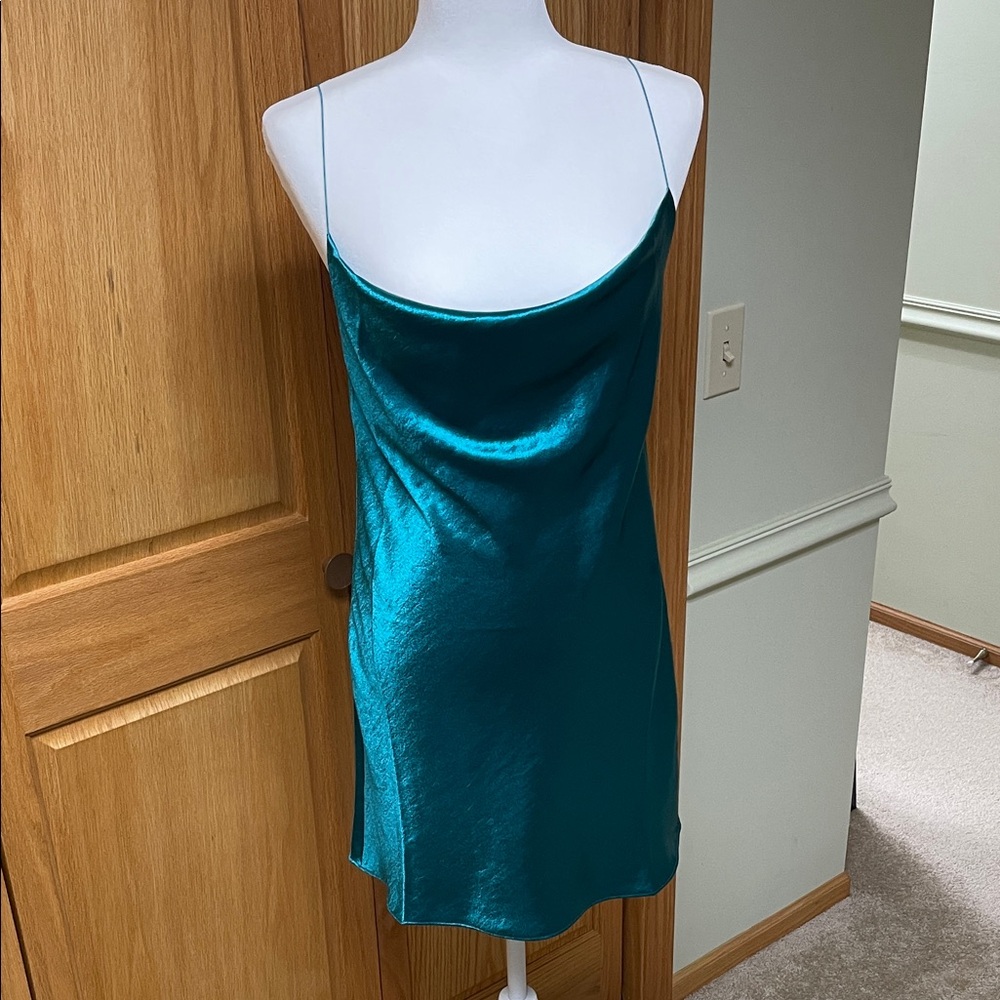 Double Zero Teal Satin Slip Dress with Cowl Neck